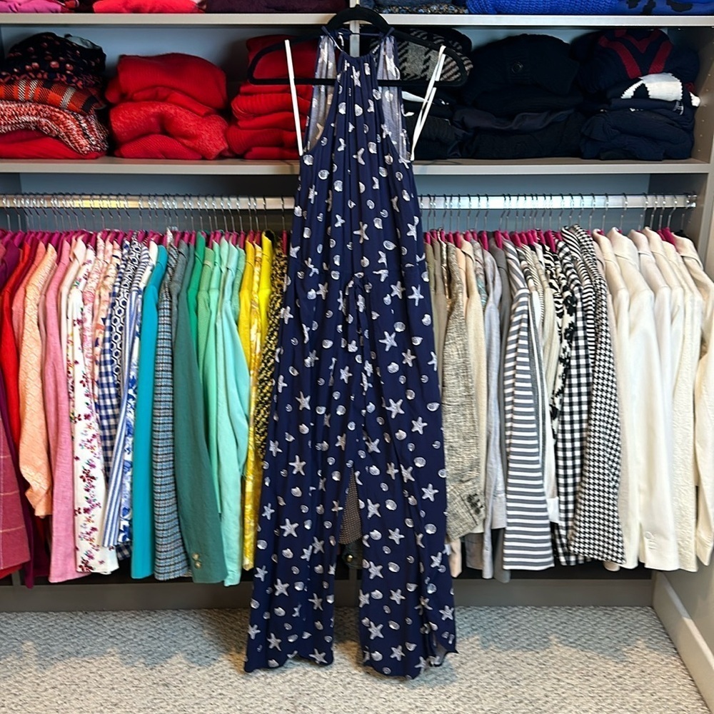 Mimi Chica navy with white starfish and shells print sleeveless jumpsuit size S